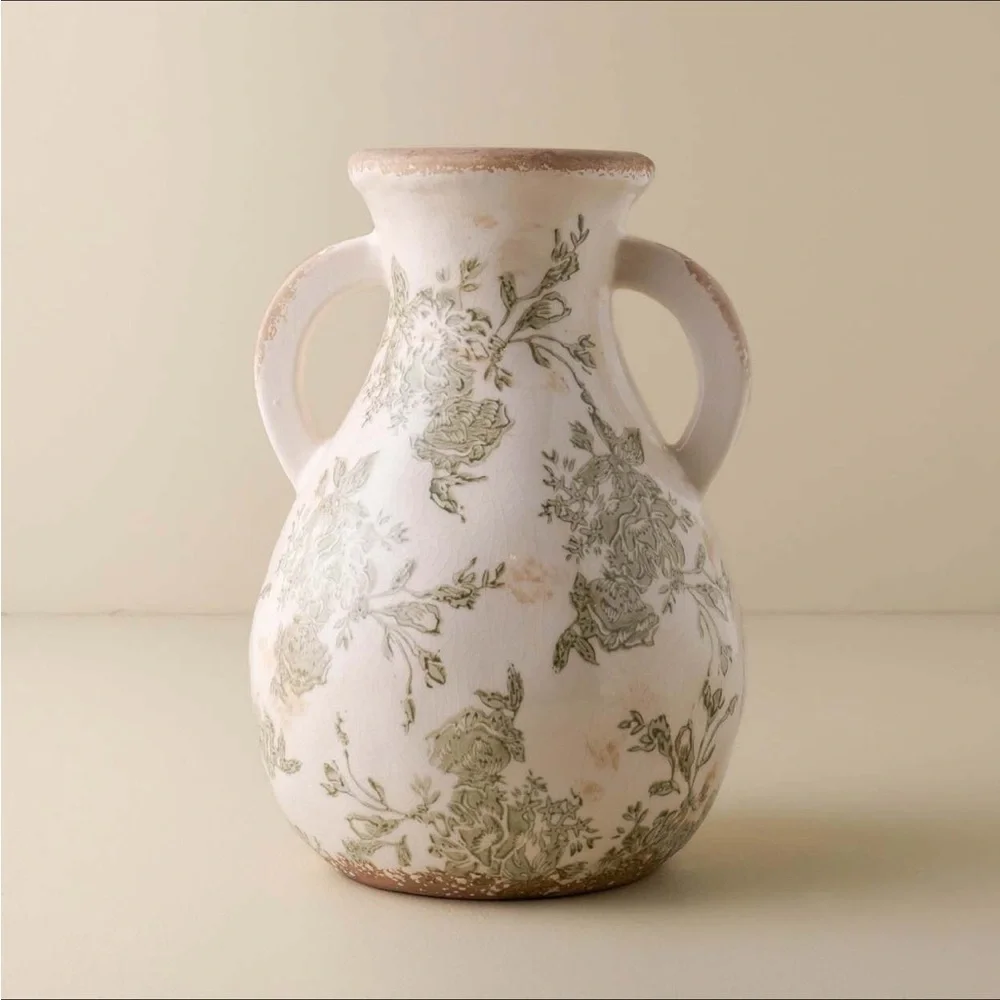 Distressed Floral Vase with Handles - Magnolia